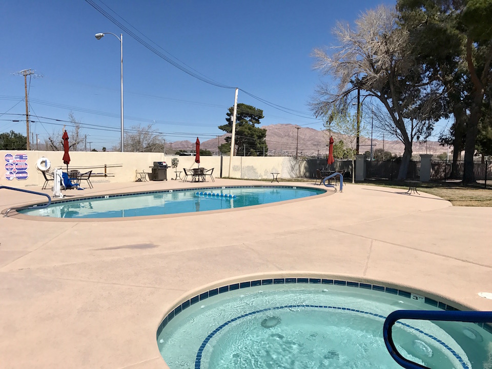 The pool and hot tub are warm and inviting.