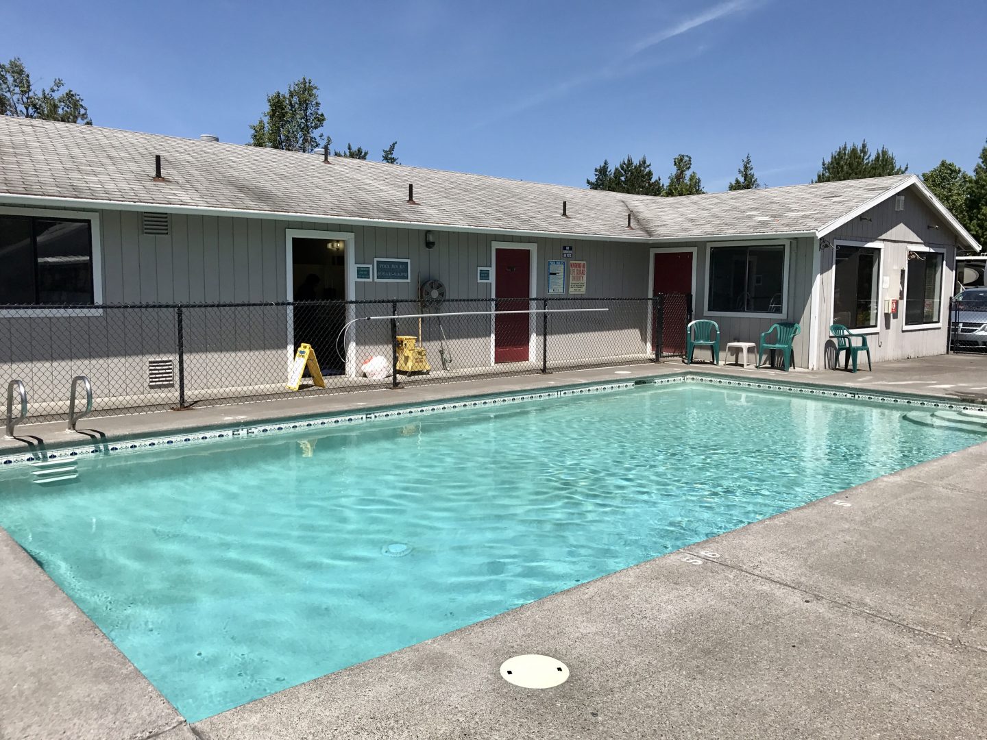 A sparkling pool greets guests on warm days.